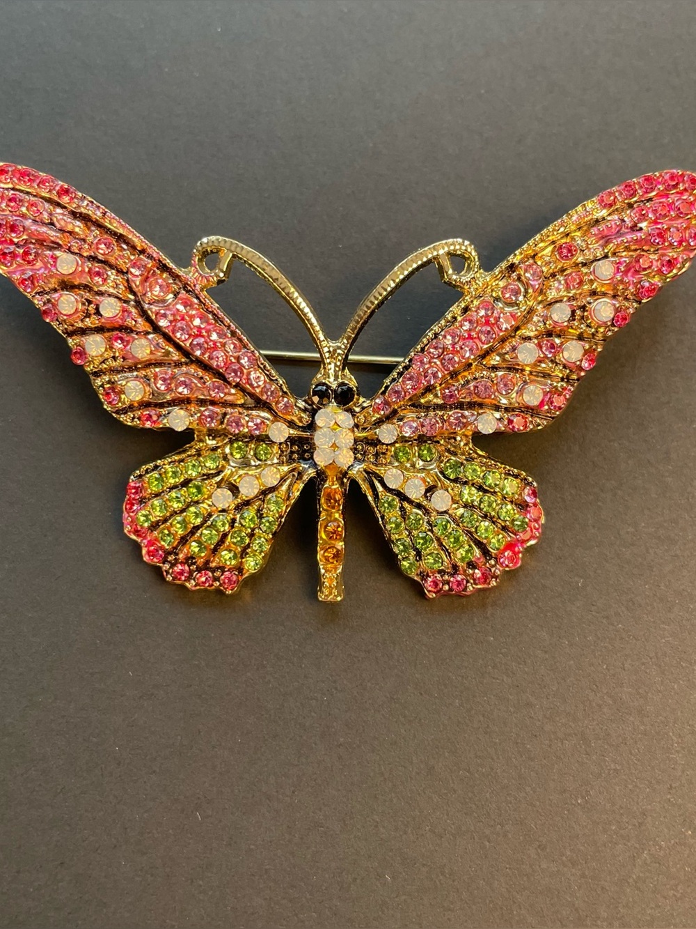 Large Multicolor Rhinestone Butterfly Brooch Pink Green GoldTone 3”